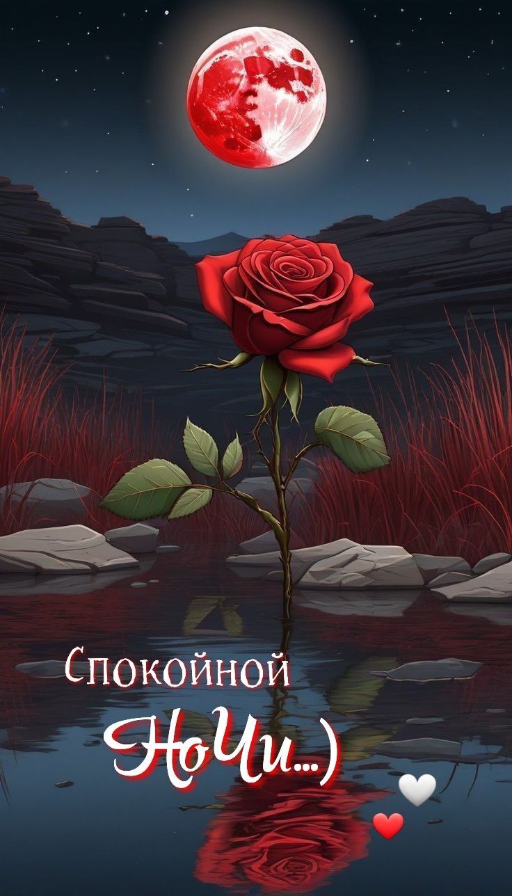 Открытка спокойной ночи. a red rose with the moon in the sky above it and water on the ground
