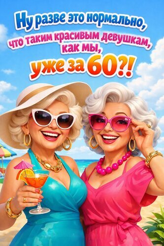 Две красивые, стильные женщины 60+ наслаждаются отдыхом на пляже. Яркое фото о красоте и радости жизни вне зависимости от возраста. Эмоциональный посыл. Открытка Разве это нормально, что таким красивым девушкам, как мы, уже за 60? Яркое и позитивное изображение двух счастливых, стильных и уверенных в себе женщин зрелого возраста на фоне тропического пляжа. Женщины широко улыбаются, они одеты в элегантные летние платья (бирюзовое и розовое), на них стильные солнцезащитные очки и золотые украшения. Одна из женщин держит бокал коктейля. На картинке расположен крупный, эмоциональный текст на русском языке:  Ну разве это нормально, что таким красивым девушкам, как мы, уже за 60?!. Изображение транслирует идеи активного долголетия, женской красоты вне возраста, радости жизни и позитивного отношения к старению