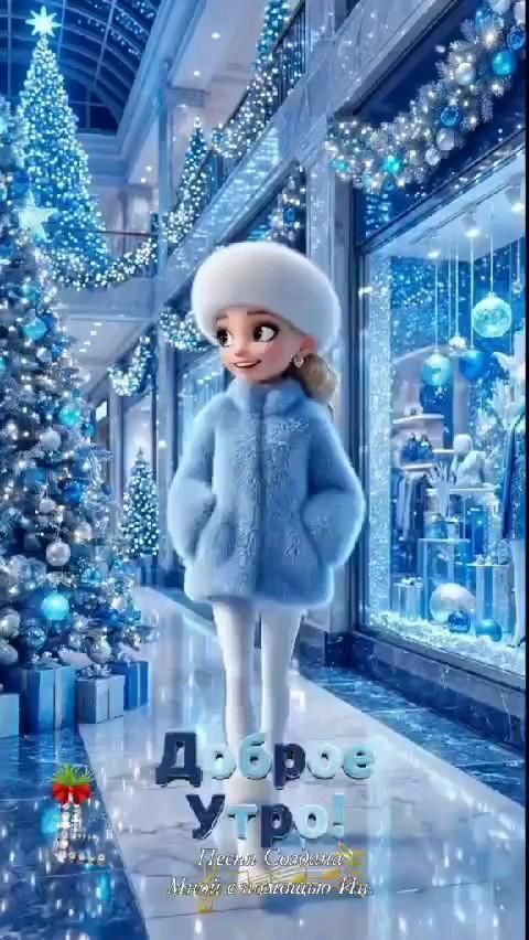 Открытка на Зиму. a cartoon character standing in front of a christmas tree