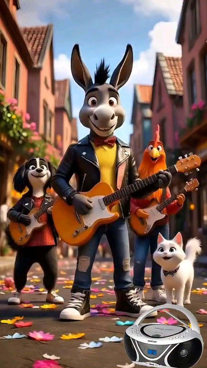 Открытка хорошего дня и настроения. an animated character playing guitar with other characters