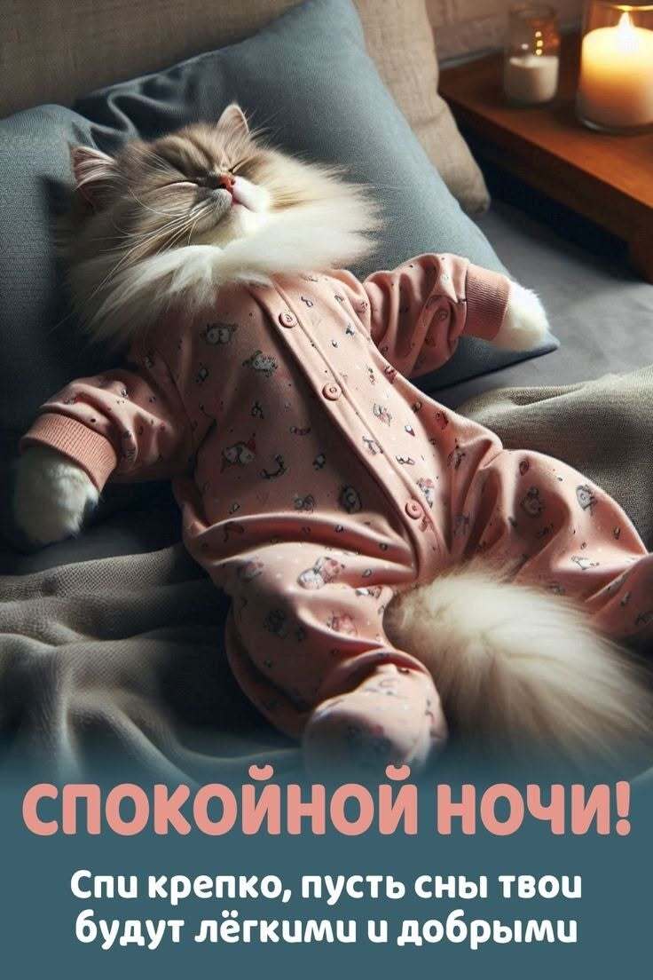 Открытка спокойной ночи. Котик спит в пижаме, пожелания.