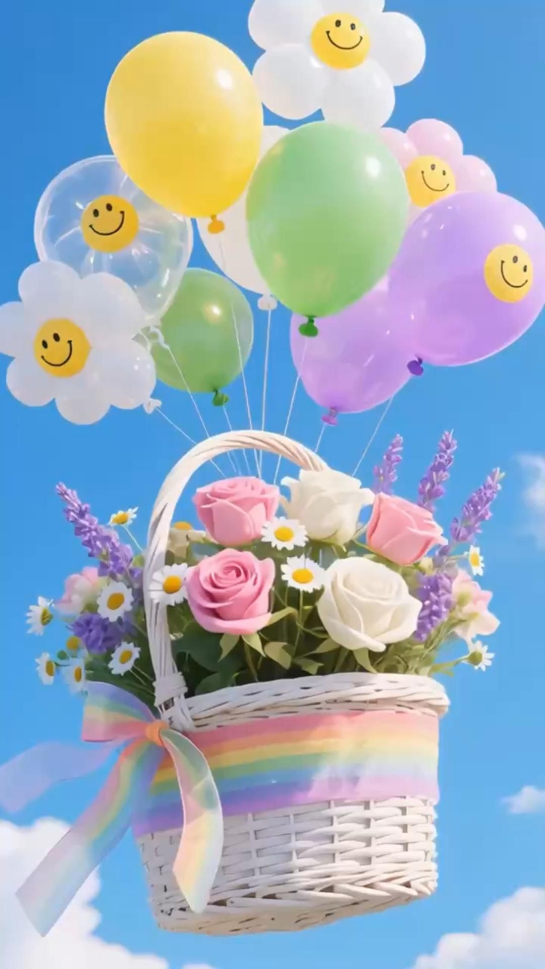 Открытка с днем рождения. a basket filled with lots of balloons floating in the air next to flowers and smiling faces