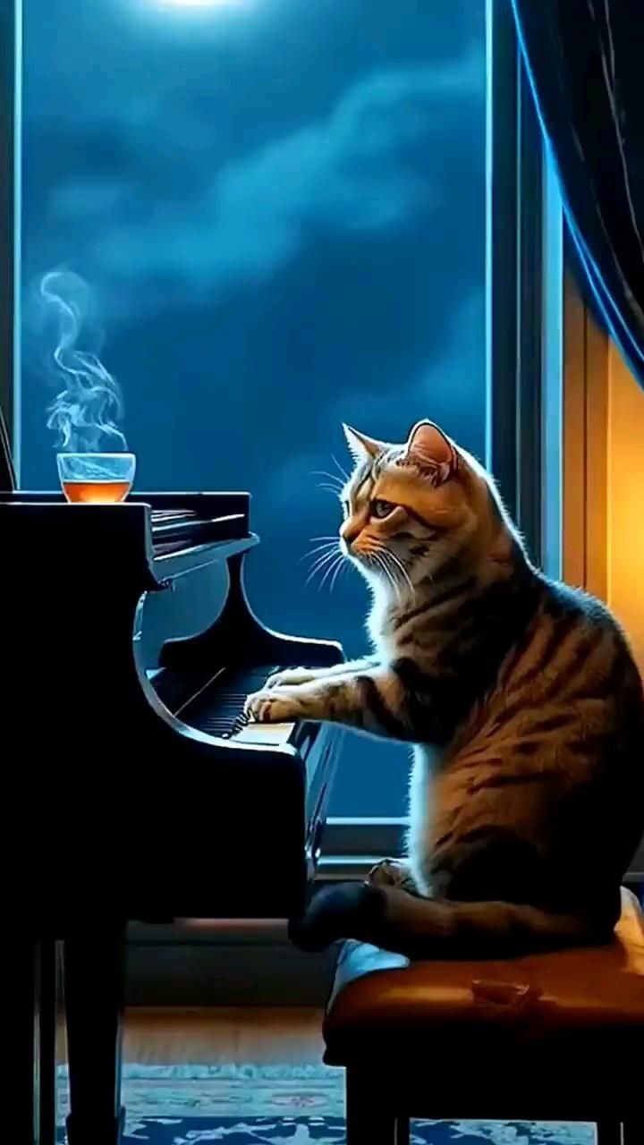 Открытка спокойной ночи. 😻😻😻 a cat is sitting on a stool next to a piano and looking out the window