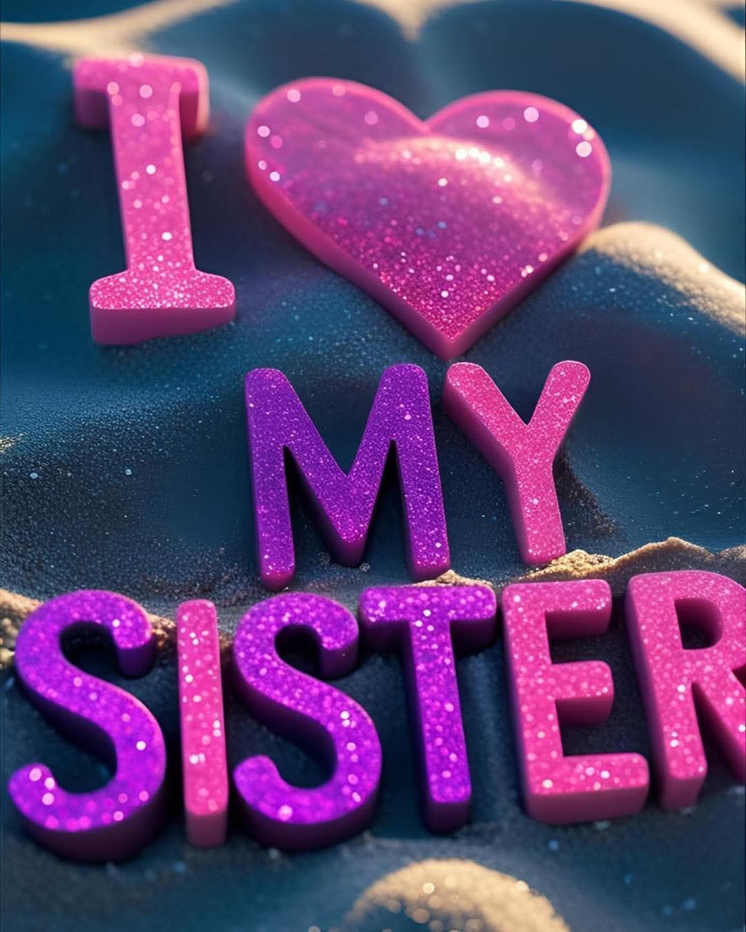 Открытка с днем рождения сестра. the word i love my sister spelled with glitter in pink and purple on a blue background