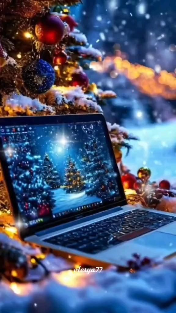 Открытка на Зиму. Мира и добра 🙏 an open laptop computer sitting in front of a christmas tree