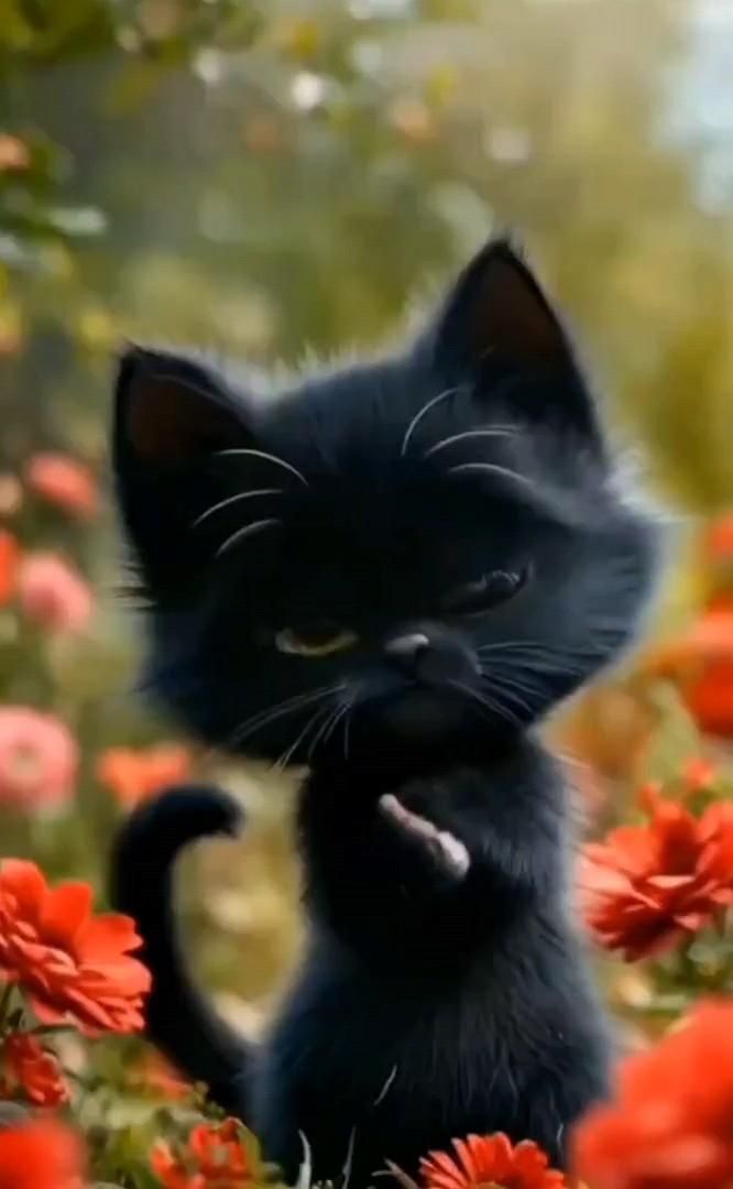 Открытка про кошек, котиков. a black kitten sitting in the middle of flowers