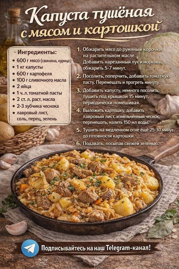 Рецепт тушеной капусты с мясом и картошкой.