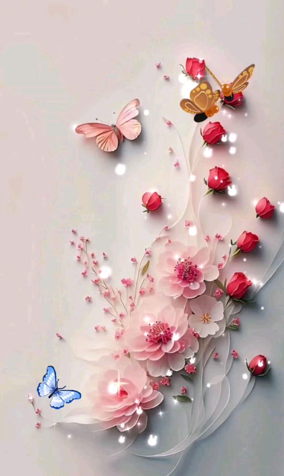 Открытка с днем свадьбы. Фон. foryou some pink flowers and butterflies on a white background