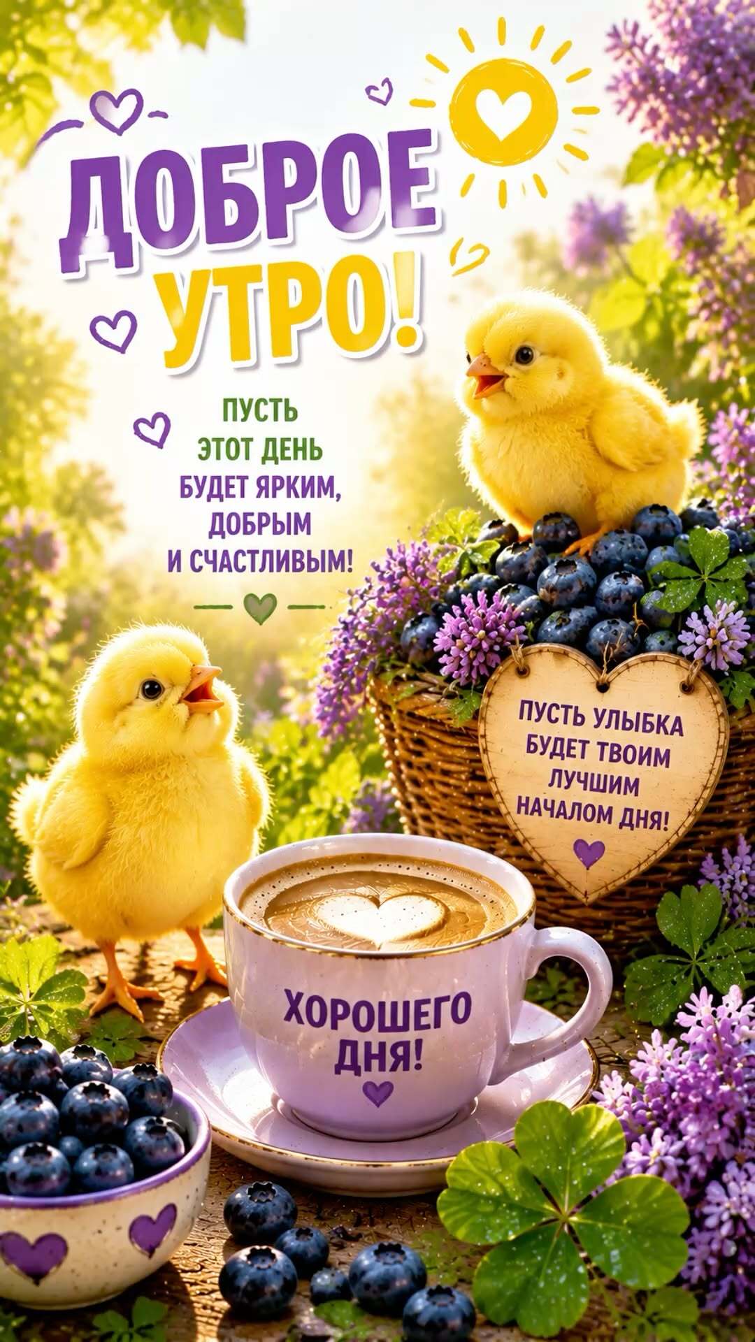 Открытка с добрым утром. Цыплята, кофе. Открытка с добрым утром. Цыплята, кофе.