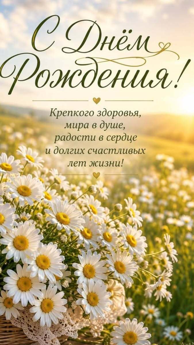 Открытка с днем рождения. a basket filled with white daisies sitting on top of a field