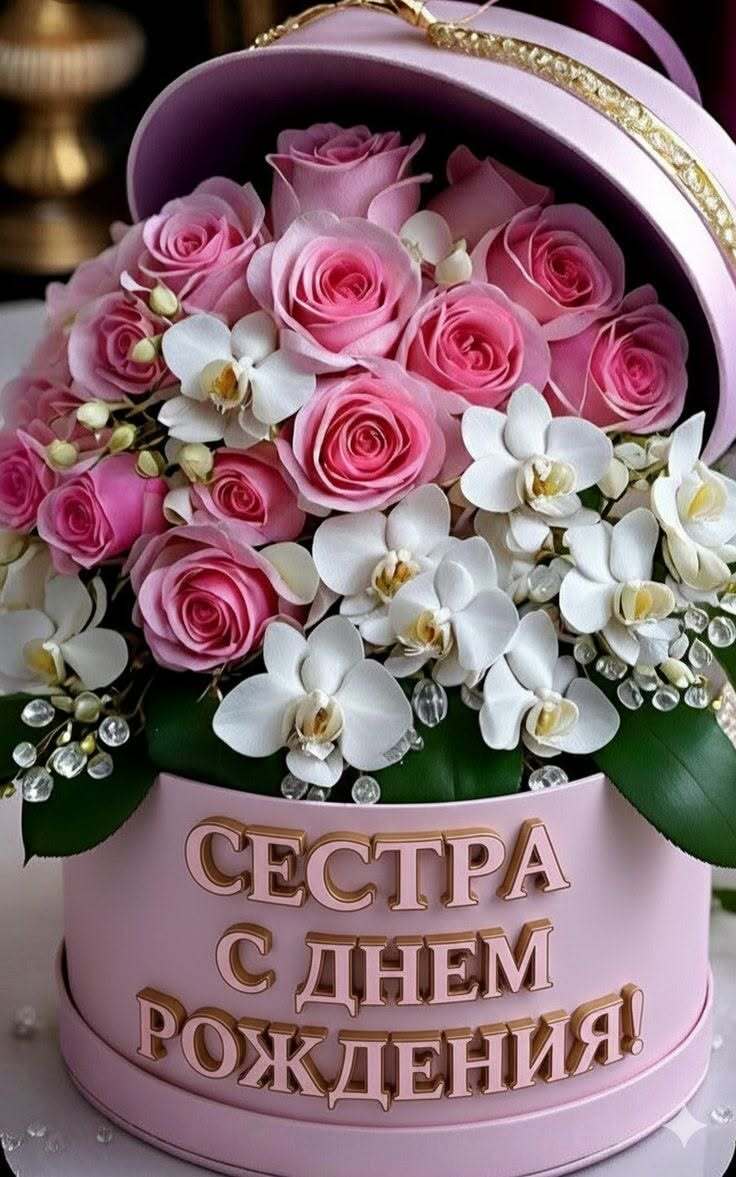 Открытка с днем рождения сестра. Корзина с цветами.