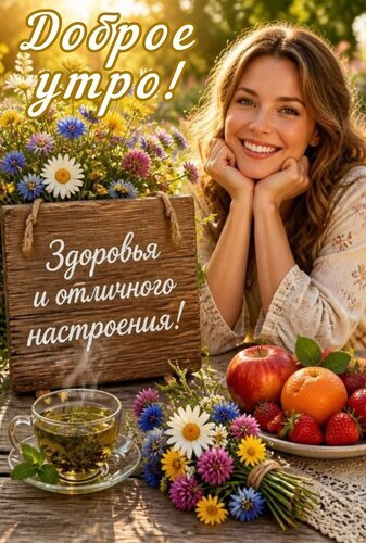 Красочная открытка «Доброе утро!». Улыбающаяся женщина, полевые цветы, фрукты и чашка чая на фоне солнечного сада. Пожелание здоровья и отличного настроения. Открытка Доброе утро Красочная и солнечная поздравительная открытка на русском языке. На изображении улыбающаяся молодая женщина с длинными волосами, подпирающая подбородок руками. Она находится в окружении ярких полевых цветов и корзины со свежими фруктами (яблоко, апельсин, клубника). На столе стоит чашка дымящегося травяного чая. На фоне — залитый солнцем сад Красочная открытка «Доброе утро!». Улыбающаяся женщина, полевые цветы, фрукты и чашка чая на фоне солнечного сада. Пожелание здоровья и отличного настроения. Открытка Доброе утро Красочная и солнечная поздравительная открытка на русском языке. На изображении улыбающаяся молодая женщина с длинными волосами, подпирающая подбородок руками. Она находится в окружении ярких полевых цветов и корзины со свежими фруктами (яблоко, апельсин, клубника). На столе стоит чашка дымящегося травяного чая. На фоне — залитый солнцем сад