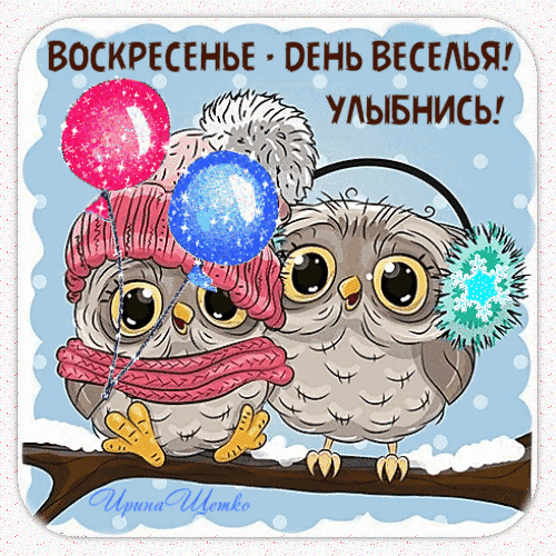 Милая открытка с совами: Воскресенье — день веселья! Улыбнись!. Зимний праздничный дизайн с воздушными шарами и снежинками для хорошего настроения. Анимированная открытка Воскресенье Милая и праздничная открытка с двумя мультяшными совами в зимних аксессуарах. Одна сова в розовой шапке с помпоном и шарфе, другая держит разноцветные блестящие шары (розовый и синий) и снежинку. Надпись на русском языке: 