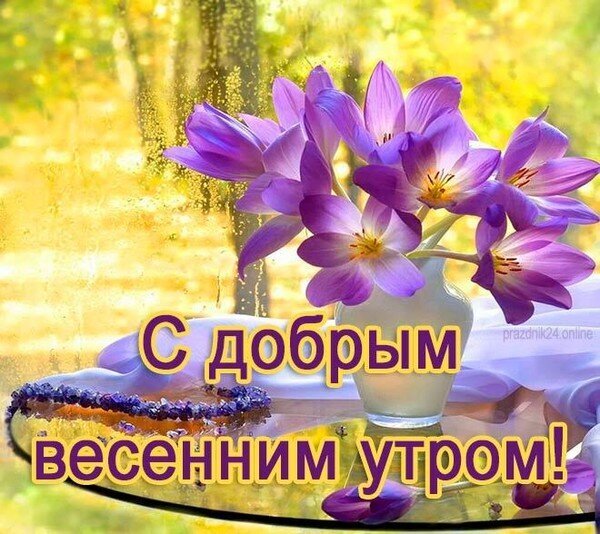 Поздравительная открытка «С добрым весенним утром!» с нежными фиолетовыми цветами в вазе на солнечном фоне. Весеннее настроение и тепло для ваших близких. Открытка С добрым весенним утром! Красивая поздравительная открытка с нежными фиолетовыми цветами (крокусами) в белой вазе на ярком солнечном фоне. На изображении нанесена надпись на русском языке: С добрым весенним утром!. Теплая весенняя атмосфера, золотистые солнечные блики и весеннее настроение Поздравительная открытка «С добрым весенним утром!» с нежными фиолетовыми цветами в вазе на солнечном фоне. Весеннее настроение и тепло для ваших близких. Открытка С добрым весенним утром! Красивая поздравительная открытка с нежными фиолетовыми цветами (крокусами) в белой вазе на ярком солнечном фоне. На изображении нанесена надпись на русском языке: С добрым весенним утром!. Теплая весенняя атмосфера, золотистые солнечные блики и весеннее настроение