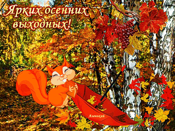 Осенняя открытка с милым белком под зонтиком и надписью Ярких осенних выходных!. Красочный осенний лес, золотые листья и уютная атмосфера. Анимированная открытка Ярких осенних выходных! Яркая осенняя открытка с мультяшным рыжим белком, который уютно устроился под красным зонтиком на фоне золотого осеннего леса. На изображении видны красные гроздья винограда, осенние листья на деревьях и березы. В верхней части картинки красуется красивая надпись на русском языке: 