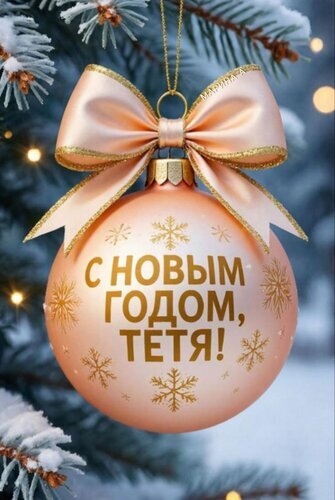 Красивая новогодняя открытка для тети: розовый елочный шар с золотым бантом и надписью «С НОВЫМ ГОДОМ, ТЕТЯ!» на фоне заснеженной ели. Открытка С Новым годом, тетя! Праздничная открытка с изображением нежно-розового новогоднего шара, украшенного золотистым бантом и изящными снежинками. На шаре нанесено золотое поздравление на русском языке: «С НОВЫМ ГОДОМ, ТЕТЯ!». Фон представляет собой заснеженные ветви ели с мягкими огнями гирлянд, что создает теплую и уютную атмосферу зимнего праздника