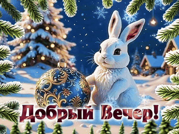 Милый белый кролик и праздничная елочная игрушка в зимнем лесу. Картинка с надписью «Добрый Вечер!» для новогодних поздравлений и праздничного настроения. Анимированная открытка Добрый вечер! Красочное праздничное изображение с милым белым кроликом в зимнем лесу. На переднем плане — большая нарядная елочная игрушка с золотистым узором. На фоне видны заснеженные ели, уютный домик и мерцающие огни. В нижней части картинки крупная надпись на русском языке «Добрый Вечер!»