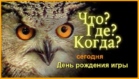 Праздничный анонс: «Что? Где? Когда? сегодня День рождения игры». Изображение с выразительным взглядом совы в стилистике интеллектуального клуба. Анимированная открытка день рождения игры Изображение с крупным планом сурового или вопросительного взгляда совы на темном фоне. На картинке размещен текст на русском языке: «Что? Где? Когда? сегодня День рождения игры». Изображение используется как анонс или праздничное поздравление, посвященное годовщине популярной интеллектуальной игры