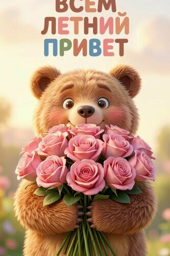 Милая открытка с медвежонком и букетом розовых роз. Надпись: «Всем летний привет!». Идеальное летнее поздравление для друзей и близких в соцсетях. Открытка Привет Милая и яркая открытка с изображением очаровательного плюшевого медвежонка, который держит в лапах большой букет пышных розовых роз. На картинке красуется дружелюбная надпись на русском языке: «Всем летний привет!». Изображение выполнено в мягких, теплых тонах с эффектом солнечного летнего дня, создавая атмосферу радости, уюта и тепла
