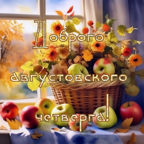 Поздравление с августовским четвергом: уютный осенний натюрморт с корзиной яблок и цветами у окна. Красивая открытка для доброго настроения! Открытка Доброго августовского четверга! Красивая поздравительная открытка с уютным осенним натюрмортом у окна. На изображении представлена корзина с сочными яблоками и букет из осенних цветов (подсолнухов и ярких соцветий) в мягком солнечном свете. На картинке расположена золотистая надпись на русском языке: «Доброго августовского четверга!» Поздравление с августовским четвергом: уютный осенний натюрморт с корзиной яблок и цветами у окна. Красивая открытка для доброго настроения! Открытка Доброго августовского четверга! Красивая поздравительная открытка с уютным осенним натюрмортом у окна. На изображении представлена корзина с сочными яблоками и букет из осенних цветов (подсолнухов и ярких соцветий) в мягком солнечном свете. На картинке расположена золотистая надпись на русском языке: «Доброго августовского четверга!»