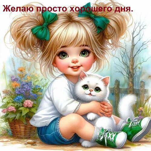 Милая девочка с белым котенком и надписью Желаю просто хорошего дня. Добрая открытка для пожелания хорошего дня в соцсетях и мессенджерах. Открытка Желаю просто хорошего дня. Милая и добрая цифровая иллюстрация с изображением маленькой девочки с золотистыми хвостиками и большими зелеными глазами, которая обнимает пушистого белого котенка. Девочка сидит на улице на фоне цветущего сада и деревянного забора. На картинке расположена надпись на русском языке: 