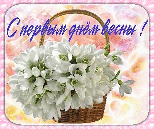 Праздничная открытка «С первым днем весны!» с букетом нежных белых подснежников в корзинке. Красивое весеннее поздравление для друзей и близких. Анимированная открытка С первым днем весны! Красивая праздничная открытка, посвященная первому дню весны. На изображении представлен пышный букет нежных белых подснежников в плетеной корзинке на светлом весеннем фоне с мягкими розовыми и желтыми оттенками. Сверху расположена стильная надпись на русском языке: 