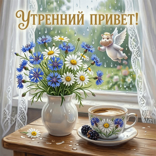 Милая открытка «Утренний привет!» с букетом васильков и ромашек, чашкой кофе и летающим ангелочком. Доброе пожелание хорошего утра для близких. Анимированная открытка Утренний привет! Уютная и светлая открытка с надписью «Утренний привет!», создающая атмосферу нежности и тепла. На переднем плане на деревянном столе стоит изящная белая ваза с пышным букетом полевых цветов: ярко-синими васильками и бело-желтыми ромашками. Рядом расположена чашка ароматного кофе, украшенная цветочным принтом, и несколько спелых ежевинок. За окном виден весенний или летний сад под легким дождем, сквозь капли которого проглядывает мягкий свет. В воздухе парит милый мультяшный ангелочек, добавляя изображению сказочности и радости