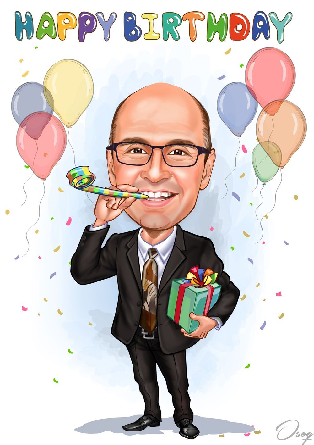 Открытка с днем рождения начальник. Birthday Cartoon. Мужчина с шариками.