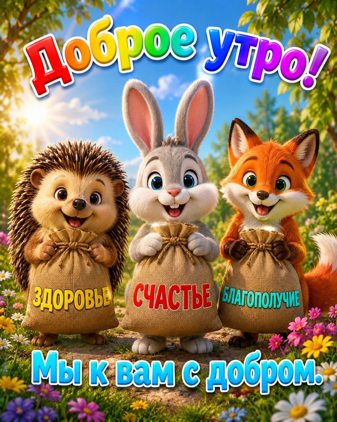 Открытка с добрым утром. Лесные жители с мешочками здоровья, счастья и благополучия.