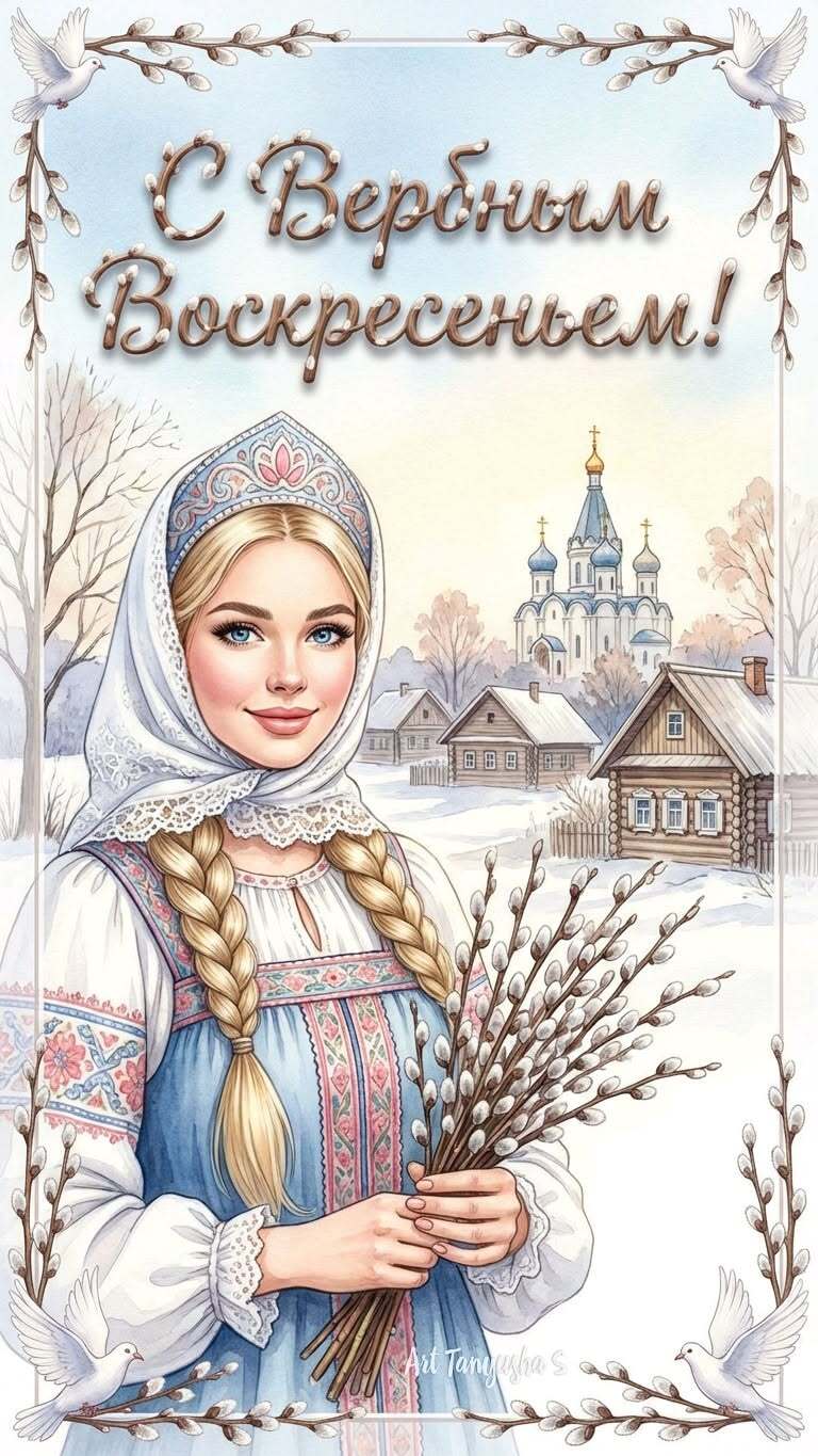 Открытка с Вербным Воскресеньем. #вербноевоскресенье С ВЕРБНЫМ ВОСКРЕСЕНЬЕМ!🕊 a russian girl with braids holding flowers in front of a snowy village and church Открытка с Вербным Воскресеньем. #вербноевоскресенье С ВЕРБНЫМ ВОСКРЕСЕНЬЕМ!🕊 a russian girl with braids holding flowers in front of a snowy village and church
