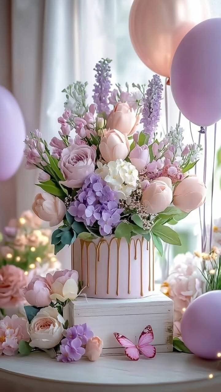 Открытка с днем рождения женщине. there is a cake with flowers and balloons on the table Открытка с днем рождения женщине. there is a cake with flowers and balloons on the table