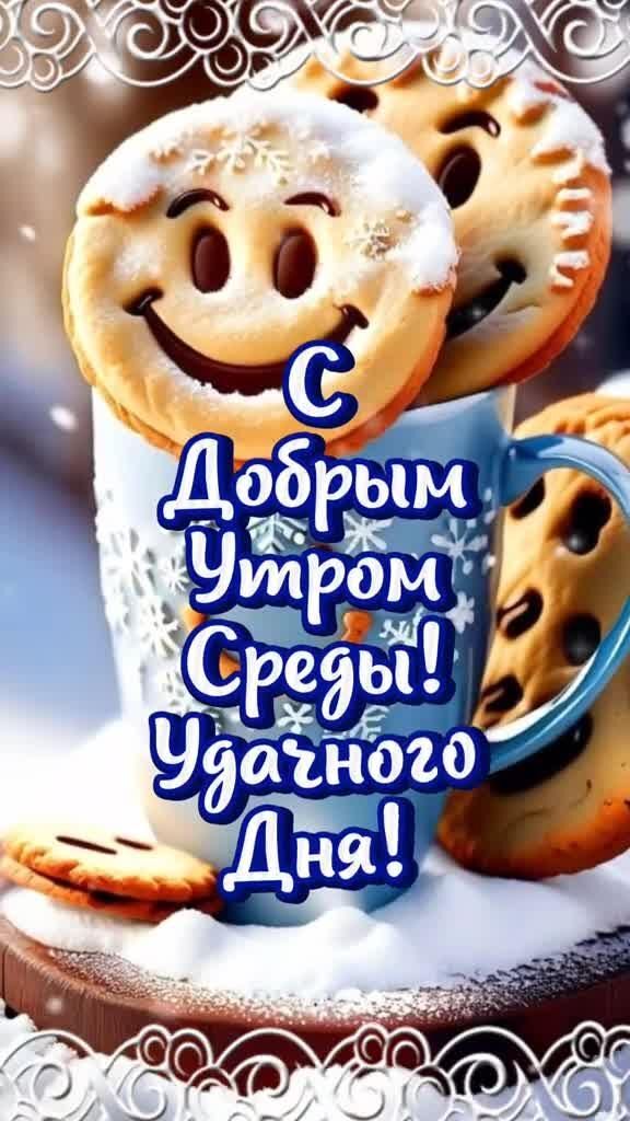 Открытка на среду. two cookies in a mug with the words happy new year written on it and smiling faces