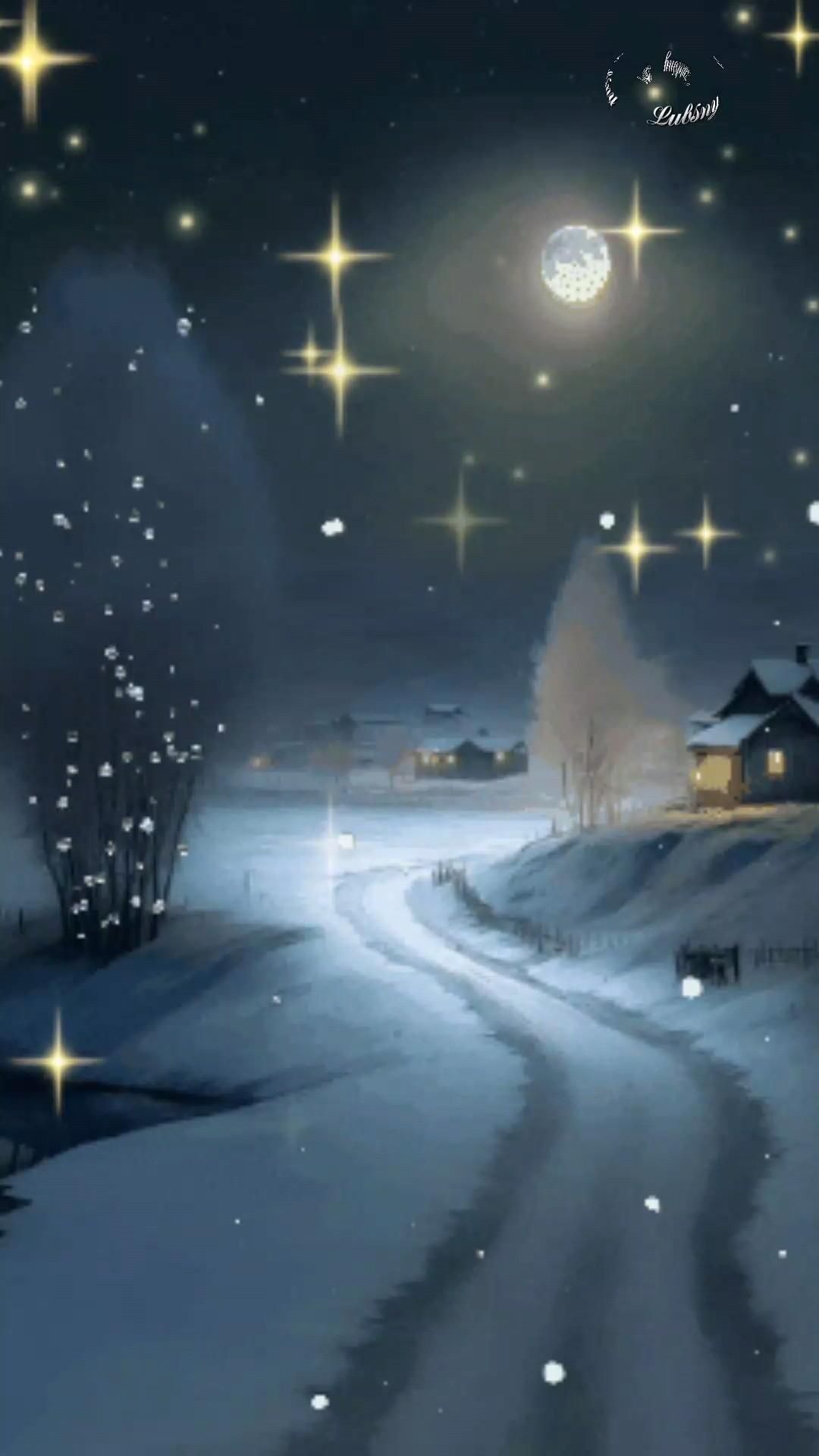 Открытка спокойной ночи. Доброй ночи 🌜😴 a snowy night with stars and the moon in the sky over a snow covered road