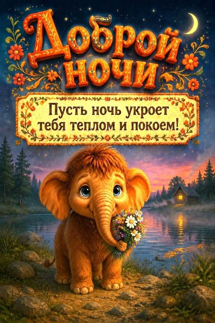 Открытка спокойной ночи. Мамонтенок с цветами.