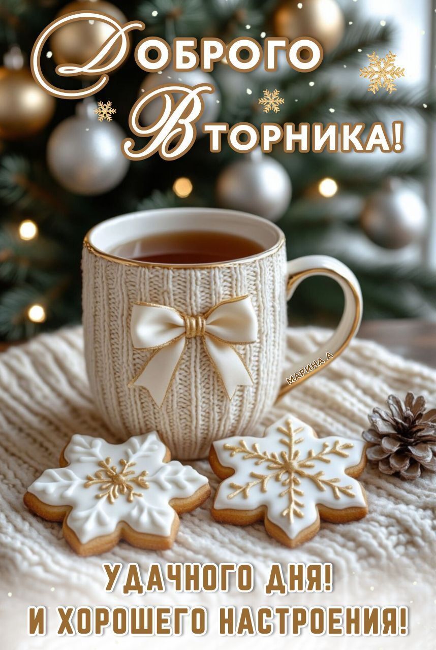 Открытка на вторник. a cup of tea and some cookies on a table next to a christmas tree with snowflakes
