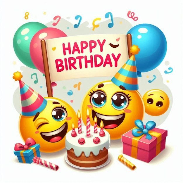 Открытка с днем рождения. Happy Birthday. Смайлики, торт, подарки.