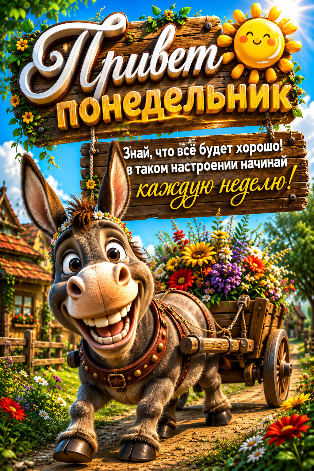 Открытка на понедельник. Осел везет тележку с цветами.