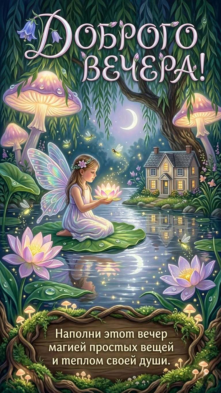 Открытка добрый вечер. Открытки «Спокойной ночи» и «Добрый вечер» ✨️🦋💗 #добрыйвечер #спокойнойночи #уютныйвечер #магияночи #nightvibes #ночь #открытки #звезднаяночь #пожелания #вечерняяэстетика #вечер Добрый вечер!🦋✨️😘 a fairy sitting on top of a lily in front of a lake with mushrooms and flowers