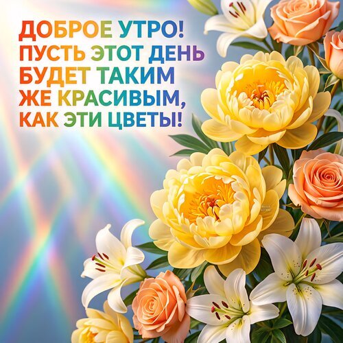 Красивая открытка Доброе утро с букетом пионов, роз и лилий на радужном фоне. Яркое пожелание хорошего дня с нежными цветами для соцсетей. Открытка Доброе утро! Красочное поздравительное изображение с пышным букетом желтых пионов, розовых роз и белых лилий на радужном фоне. На картинке крупный текст на русском языке: 