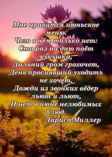 Поэтическая открытка о прекрасном июне с цитатой Ларисы Миллер на фоне летнего заката и цветов. Идеально для летнего настроения! Открытка Мне нравится июньское меню. Чего в нем только нет: Сто раз на дню поет кукушка, Дальний гром грохочет Красивая открытка с поэтическими строками Ларисы Миллер о прелестях июня. На фоне живописного летнего пейзажа с розовыми цветами и закатным солнцем наложен текст стихотворения о кукушке, громе, дождях и неповторимой атмосфере июня