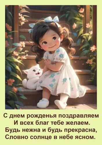 Красивая открытка на день рождения с милой девочкой и котенком. Трогательное поздравление в стихах для маленькой принцессы. Идеально для соцсетей. Открытка С днем рожденья поздравляем И всех благ тебе желаем. Будь нежна и будь прекрасна, Словно солнце в не Милая поздравительная открытка к дню рождения с изображением очаровательной маленькой девочки в белом платье с голубыми цветами. Девочка сидит на деревянных ступенях в окружении зелени и нежных цветов, рядом с ней сидит маленький белый котенок. Внизу расположен трогательный текст на русском языке: «С днем рождения поздравляем И всех благ тебе желаем. Будь нежна и будь прекрасна, Словно солнце в небе ясном»