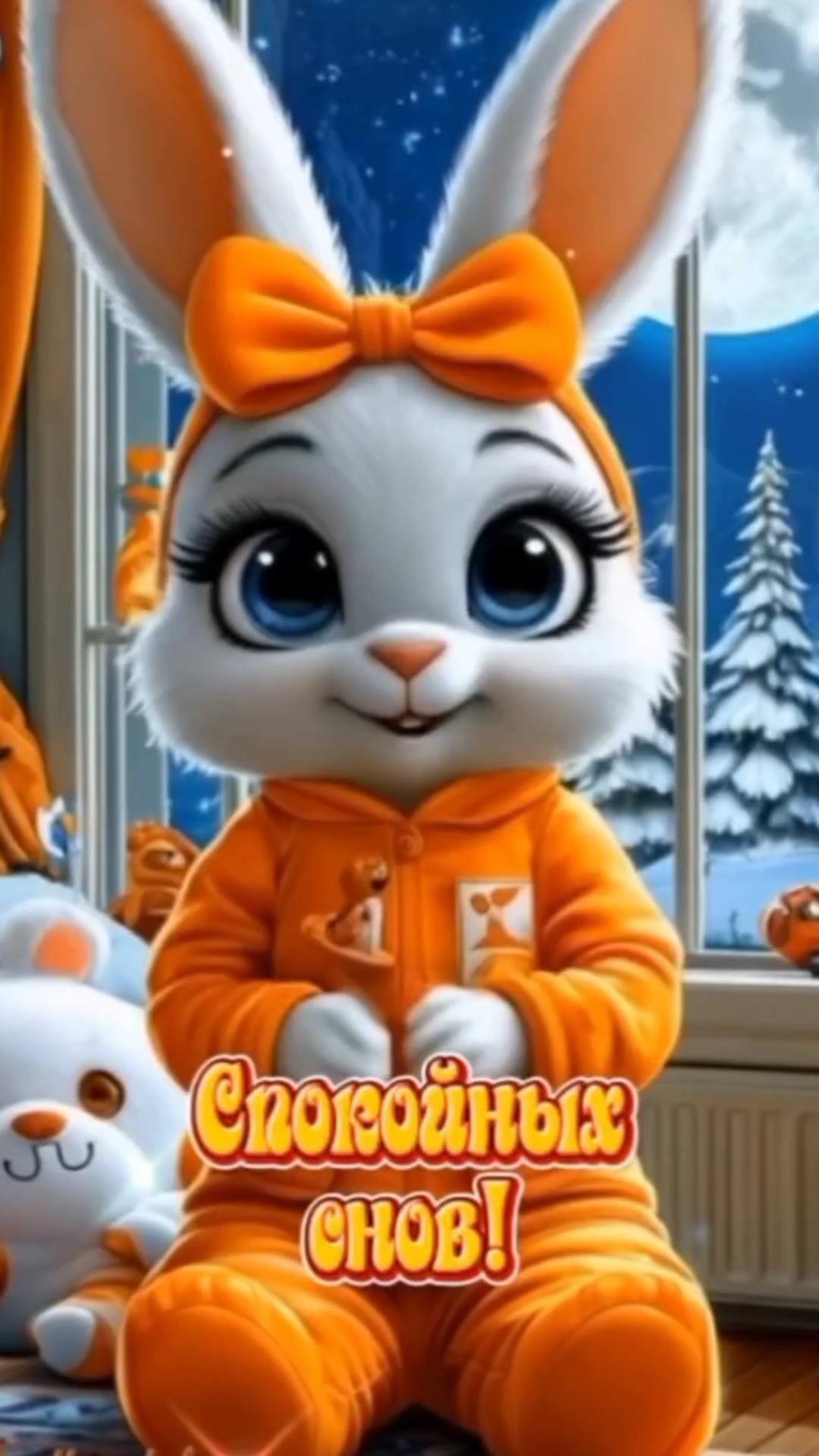 Открытка спокойной ночи. a cartoon bunny sitting on top of a wooden floor next to stuffed animals and a window