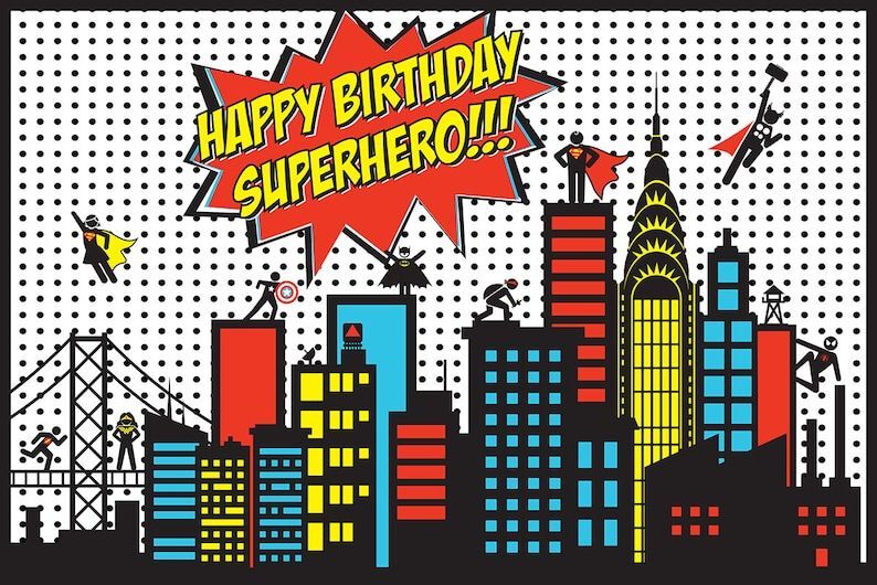 Открытка с днем рождения ребенку. Superhero Party Backdrop | Etsy a birthday card with the words happy birthday superhero in front of a cityscape