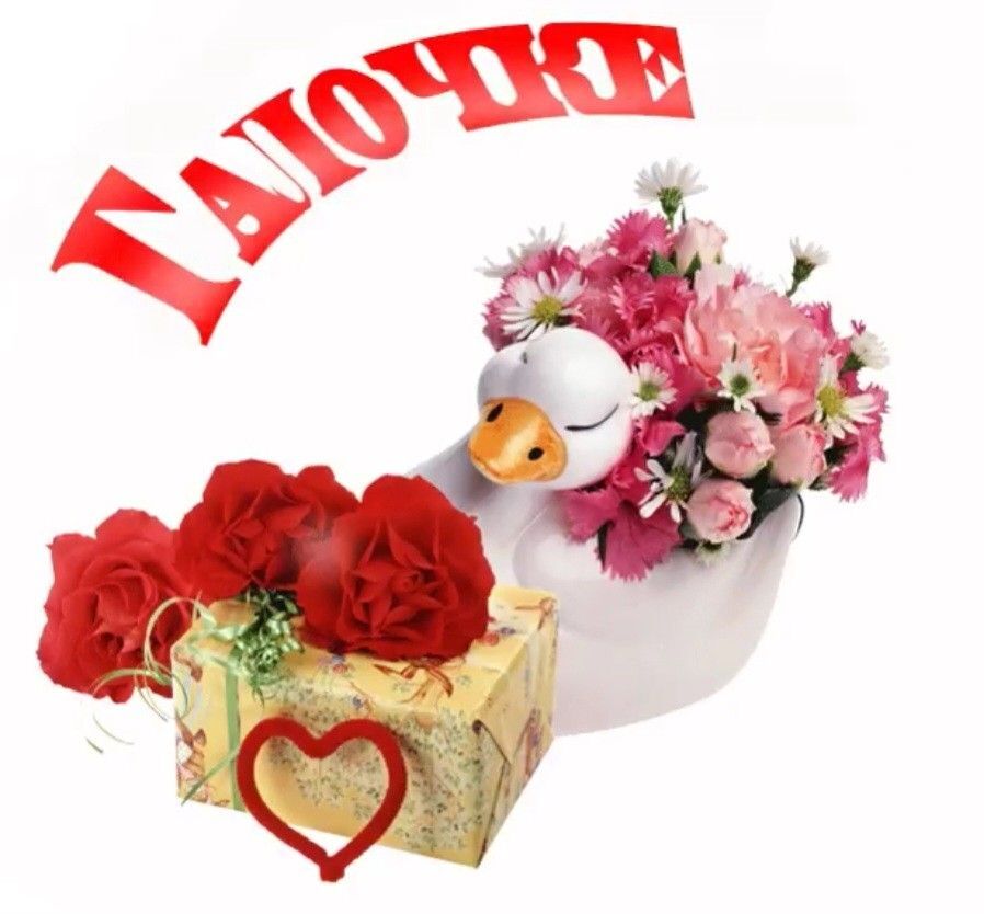 Открытка с днем рождения Галина Галя. there is a white duck with flowers and a gift in the shape of a heart