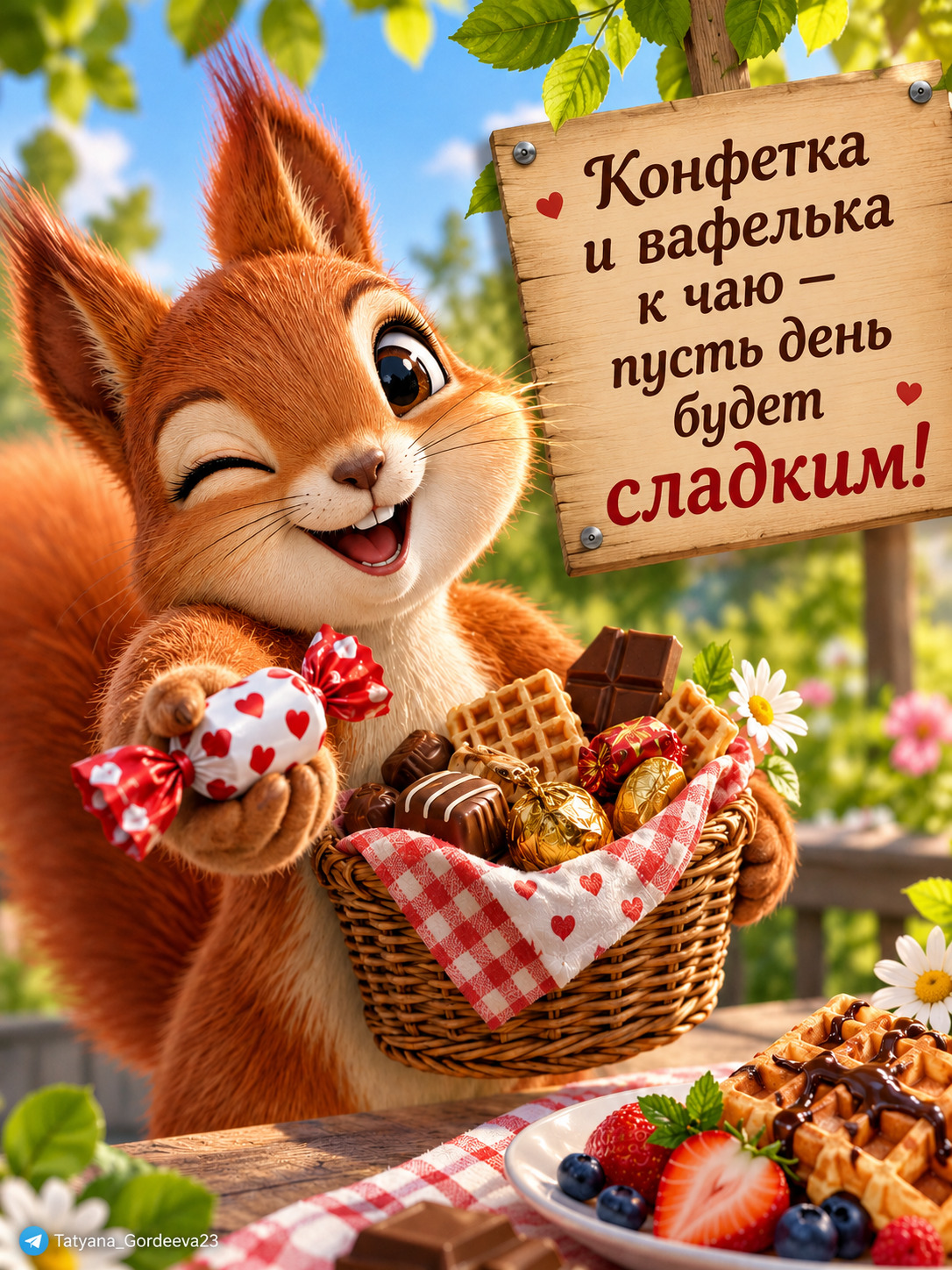 Открытка с добрым утром. Белочка угощает конфетами.