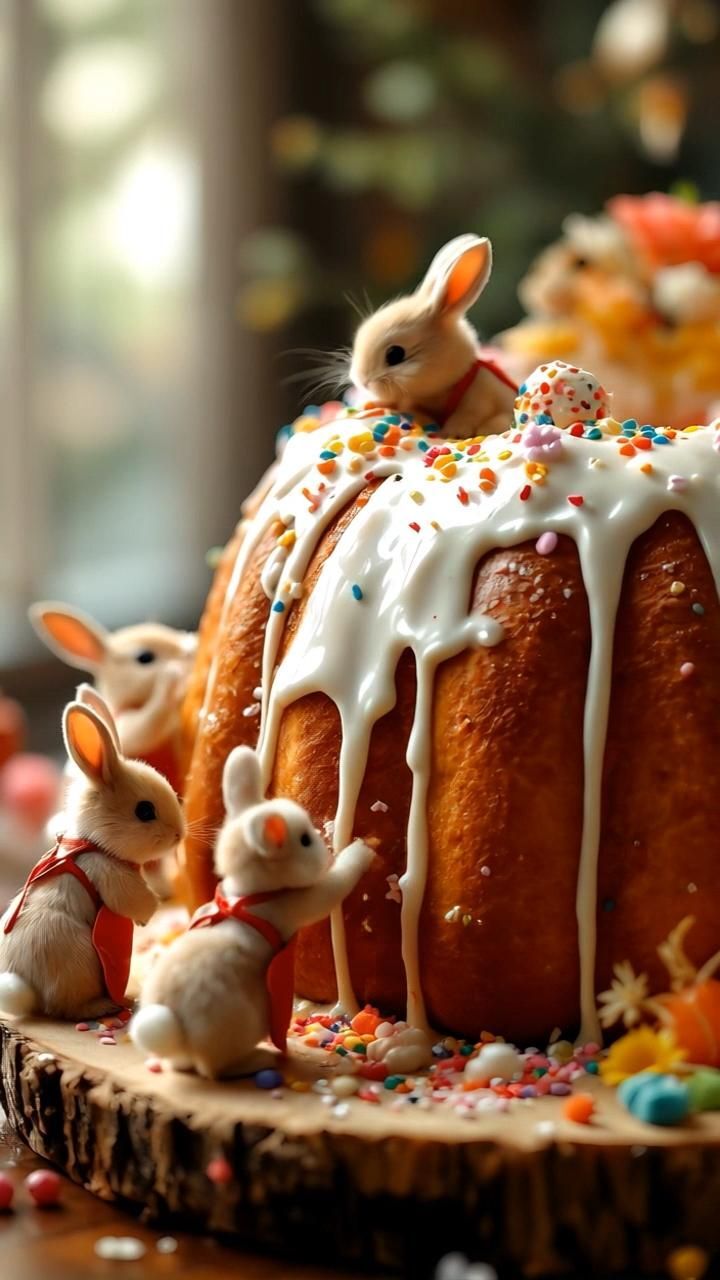 Открытка на Пасху. Made with Mijourney and KlingAI. Here's the prompt: Tiny fluffy bunnies in red aprons decorating a giant Easter kulich cake. The bunnies carefully sprinkle colorful confetti on white glazed drips. Soft warm lighting creates magical atmosphere. One bunny climbs the cake while others work from wooden slice base. Sprinkles sparkle as they fall, creating tiny rainbow reflections. Camera slowly circles around, capturing bunnies' delicate movements and detailed fur. Easter's Coming! 😁 a bundt cake with white icing, sprinkles and rabbits on top