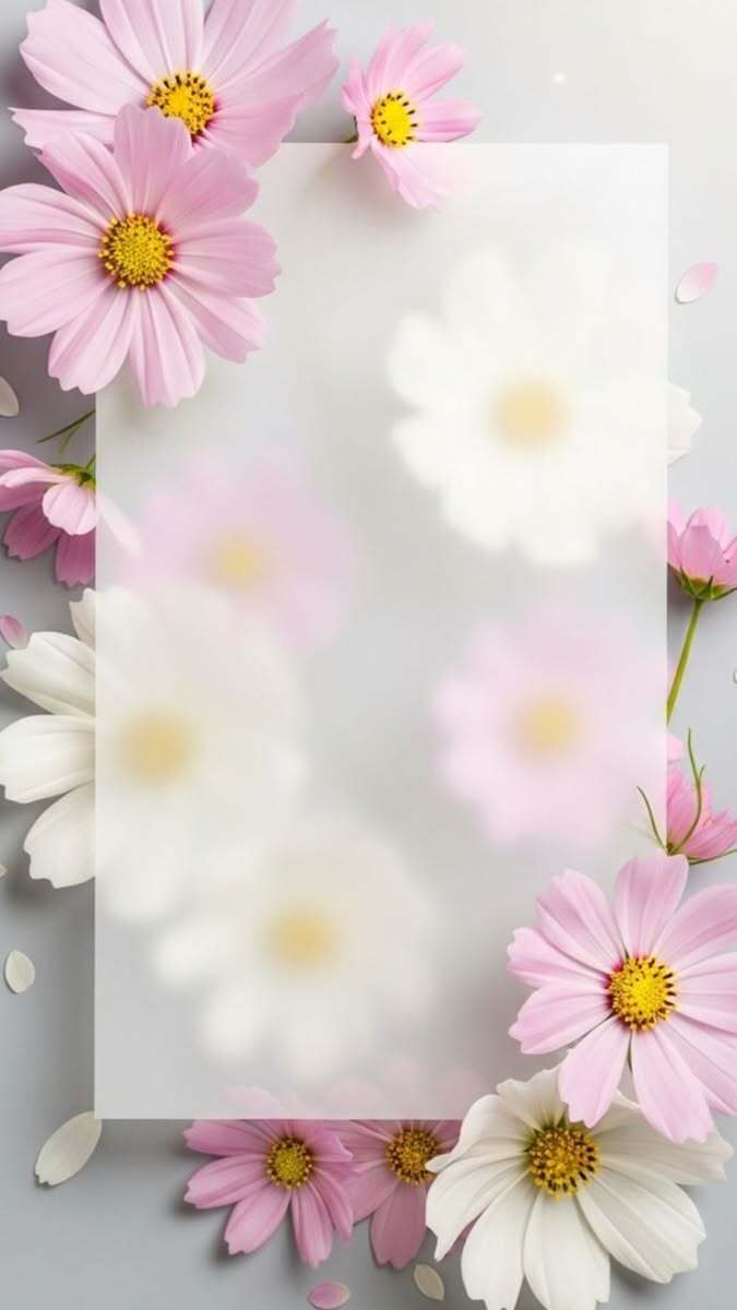 Открытка с днем свадьбы. Фон. pink and white daisies on a light gray background with a square paper in the middle