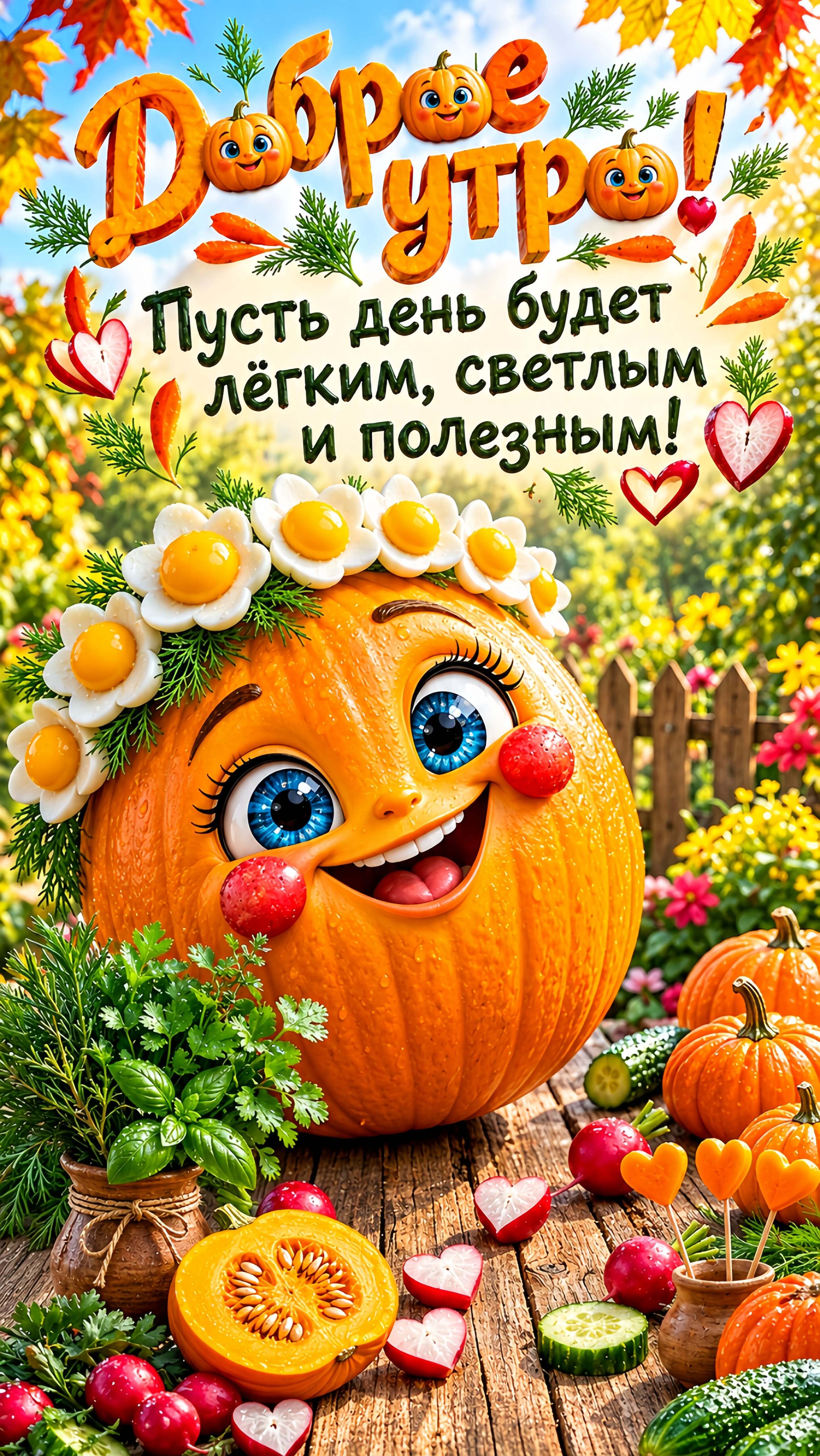 Открытка с добрым утром. Тыква, огород.