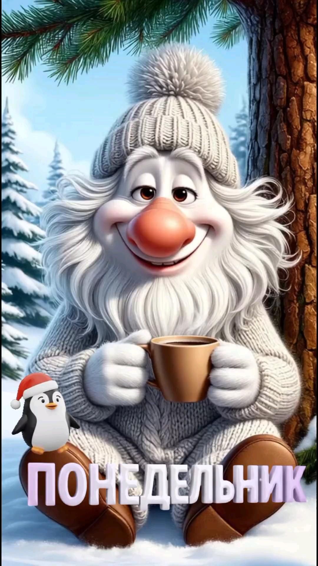 Открытка на понедельник. Доброе Утро ☕ a cartoon character is holding a cup in the snow