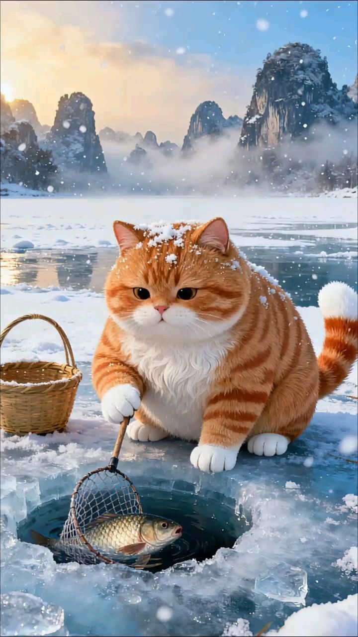 Открытка на Зиму. Кот достает рыбу из проруби. Открытка на Зиму. Кот достает рыбу из проруби.
